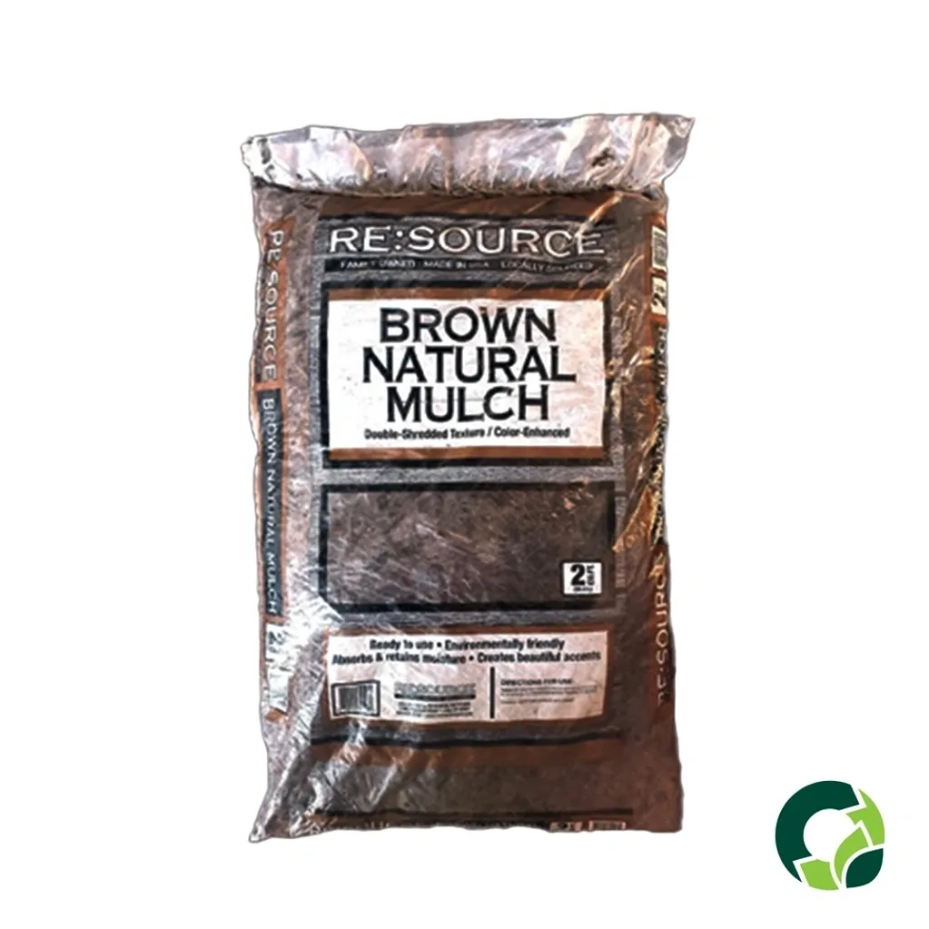 Bag of brown natural mulch for gardening and landscaping.