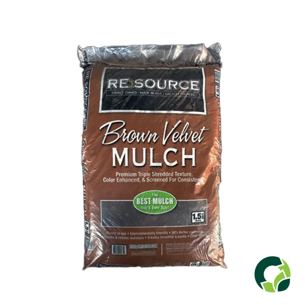 Bag of Resource Brown Velvet mulch for gardening and landscaping.