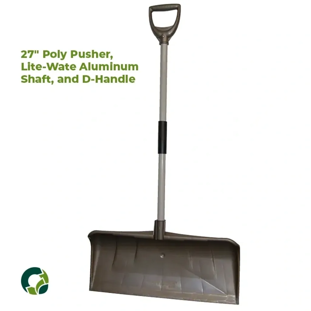 27-inch poly snow pusher with D-handle and blue-white aluminum shaft.