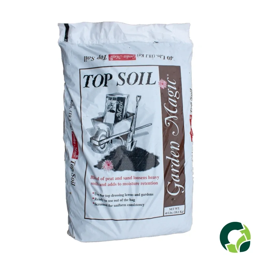 A bag of premium top soil with gardening graphics.