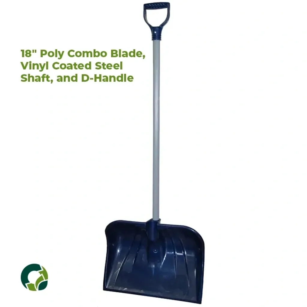 18-inch poly combo blade snow shovel with vinyl-coated steel shaft and D-handle.