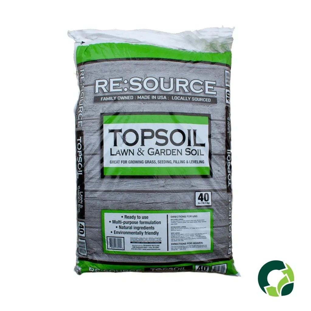 Bag of Resource brand topsoil for lawns and gardens.