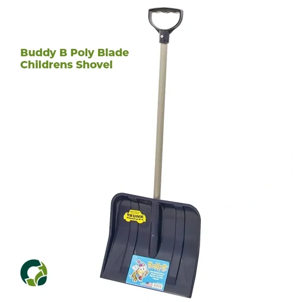 Children's snow shovel with a sturdy D-handle and wide blade.