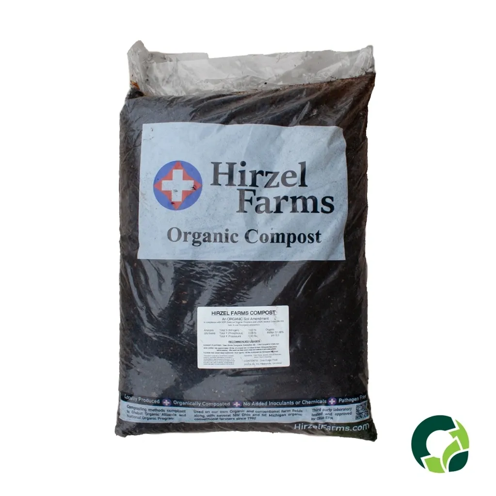 Bag of Hirzel Farms Organic Compost for gardening and soil enrichment.
