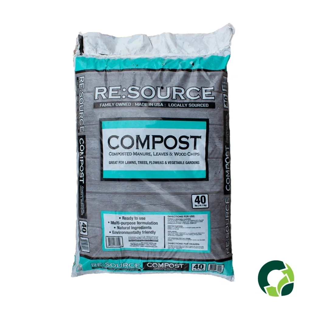 Bag of compost labeled 'Resource' for gardening use.