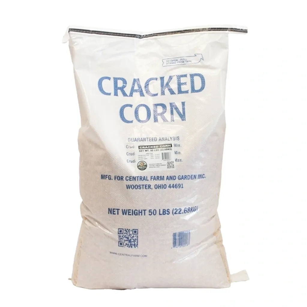 A large white bag labeled 'Cracked Corn' for animal feed or planting.