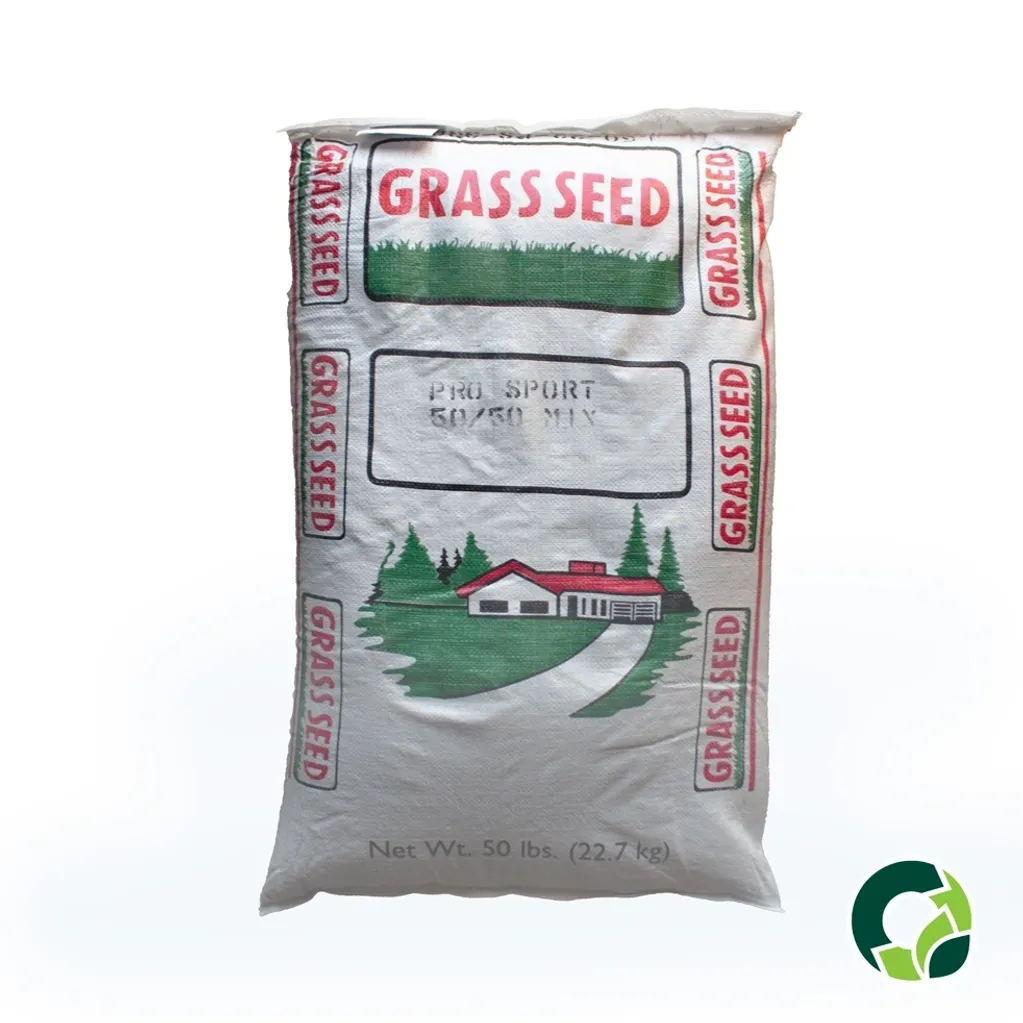 A large white bag labeled Grass Seed with a farm illustration.