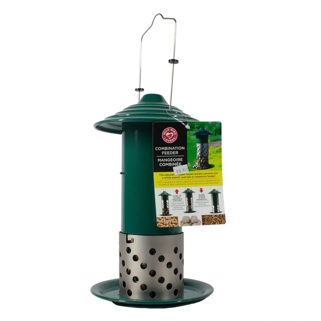 Green bird feeder with metal base and hanging hook.