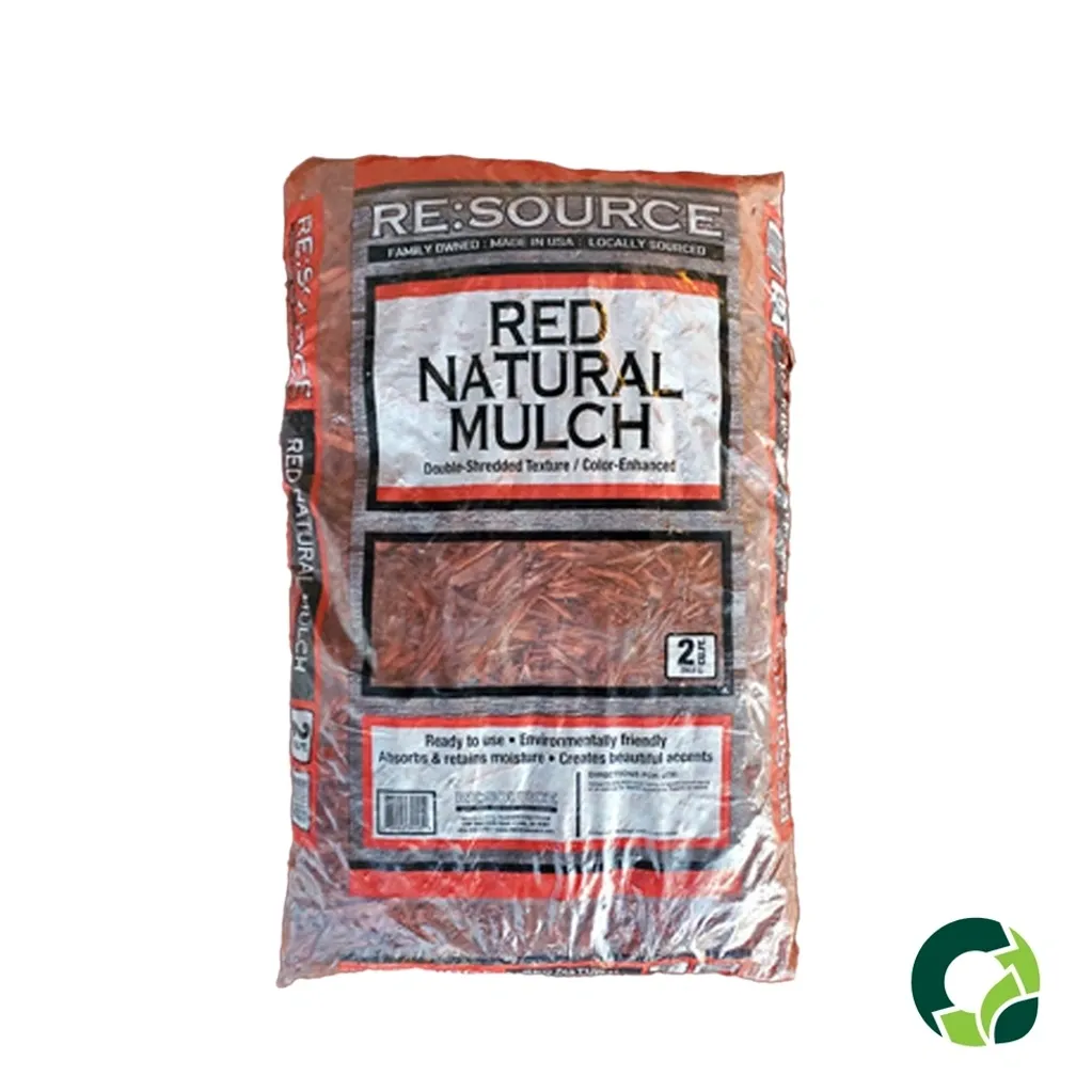 Bag of red natural mulch for gardening and landscaping.