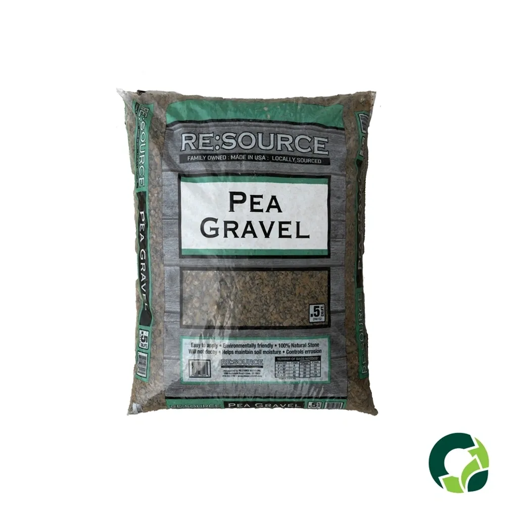 Bag of pea gravel for landscaping and construction.