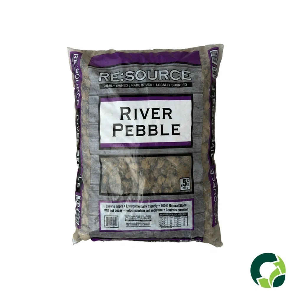 Bag of river pebbles for landscaping and decoration.