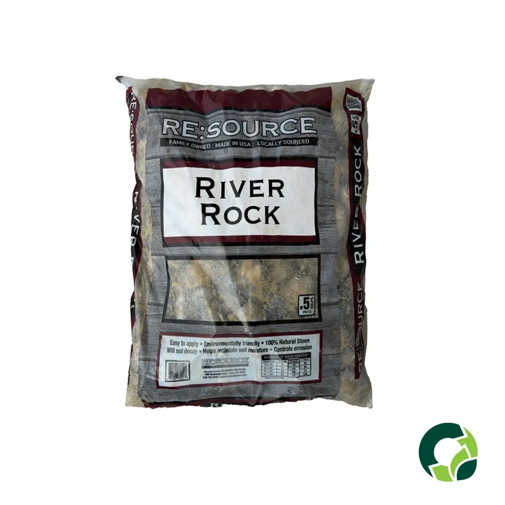 Bag of River Rock for landscaping or construction use.
