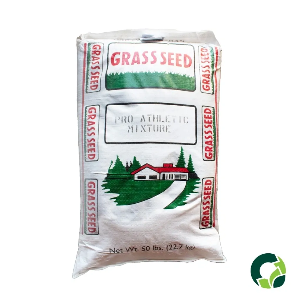A white bag labeled 'Grass Seed' with green and red graphics.