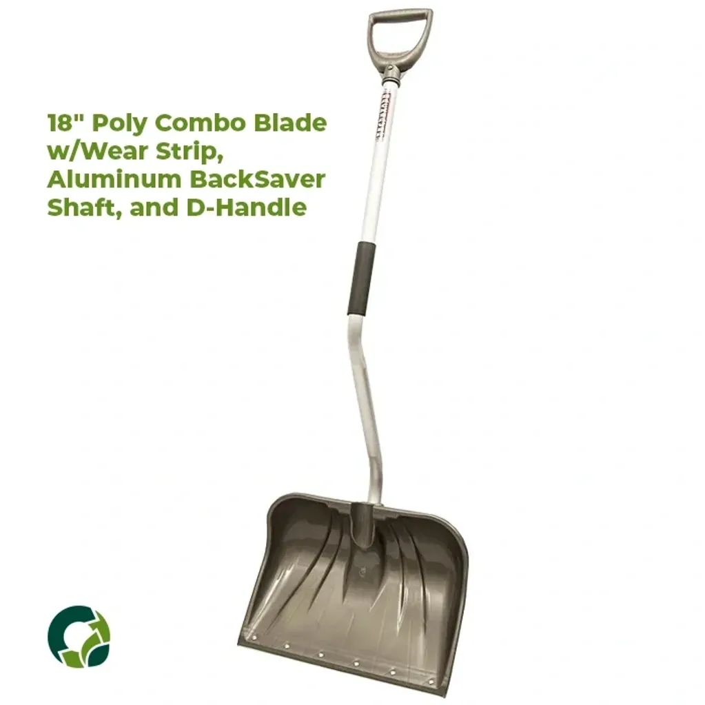 18-inch poly combo blade shovel with aluminum shaft and D-handle.