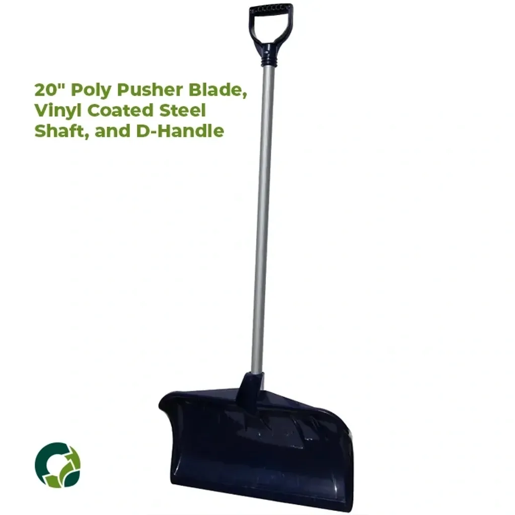 20-inch poly push broom with vinyl coated steel shaft and D-handle.