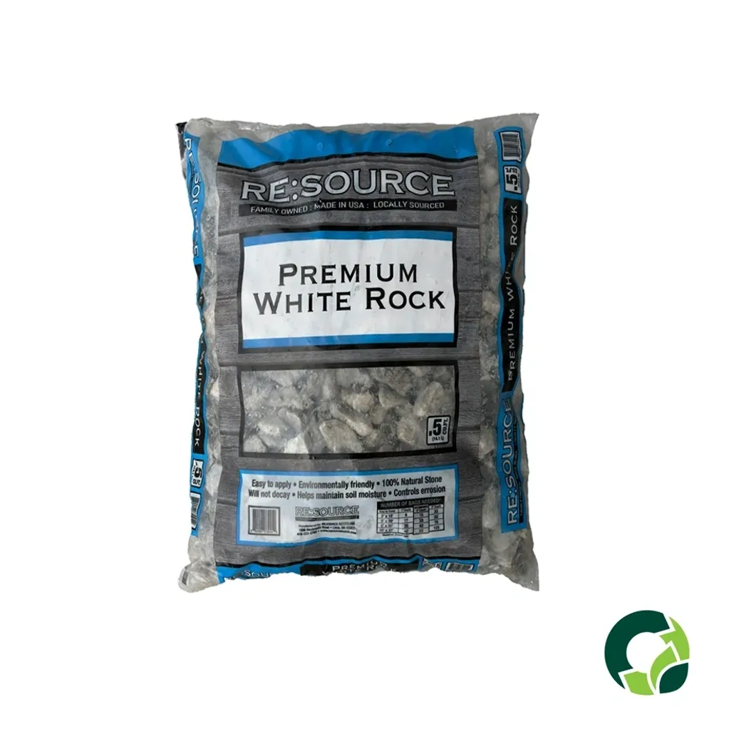 Bag of premium white rock gravel for landscaping.
