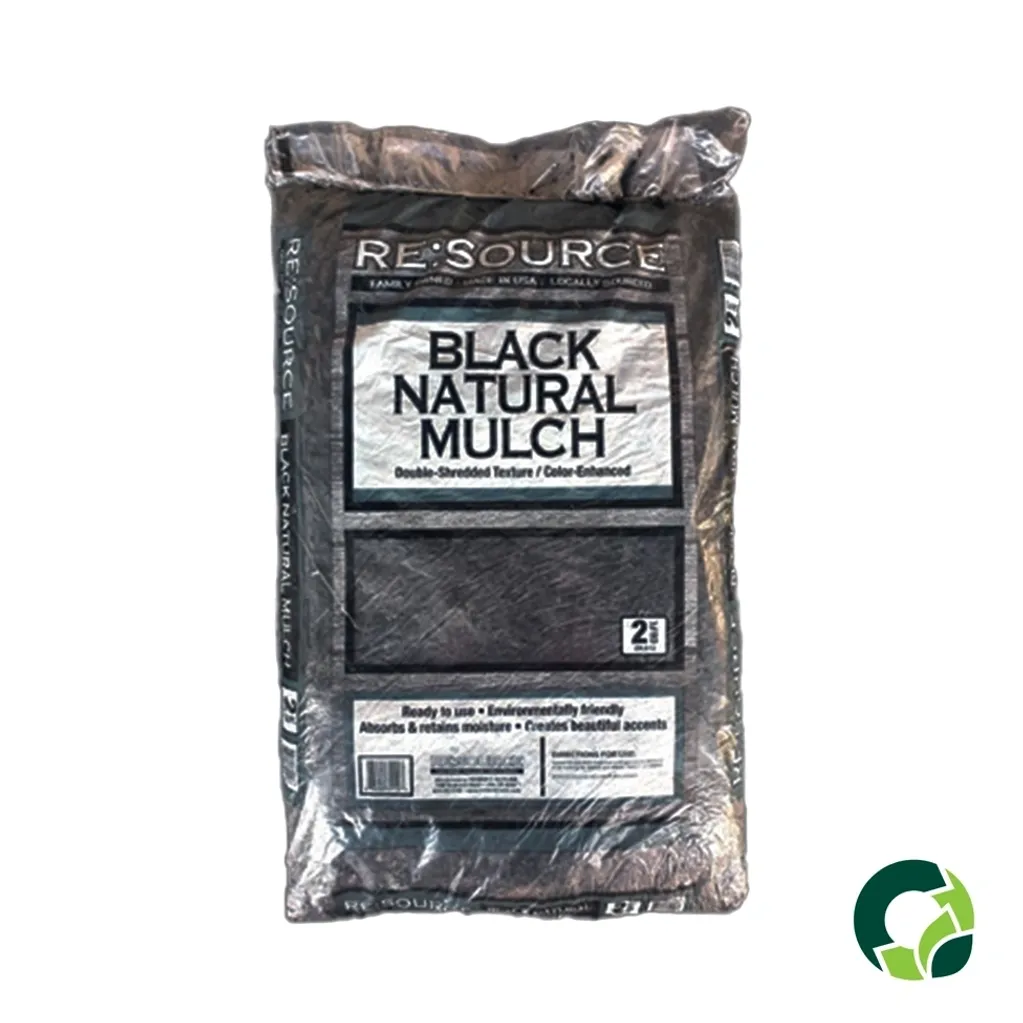 Bag of black natural mulch for gardening and landscaping.