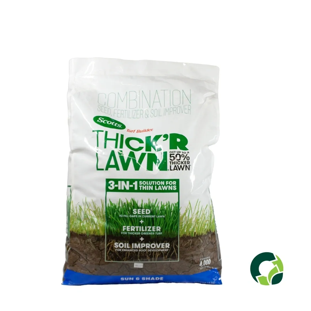 Bag of Thicker Lawn 3-in-1 grass seed and fertilizer.