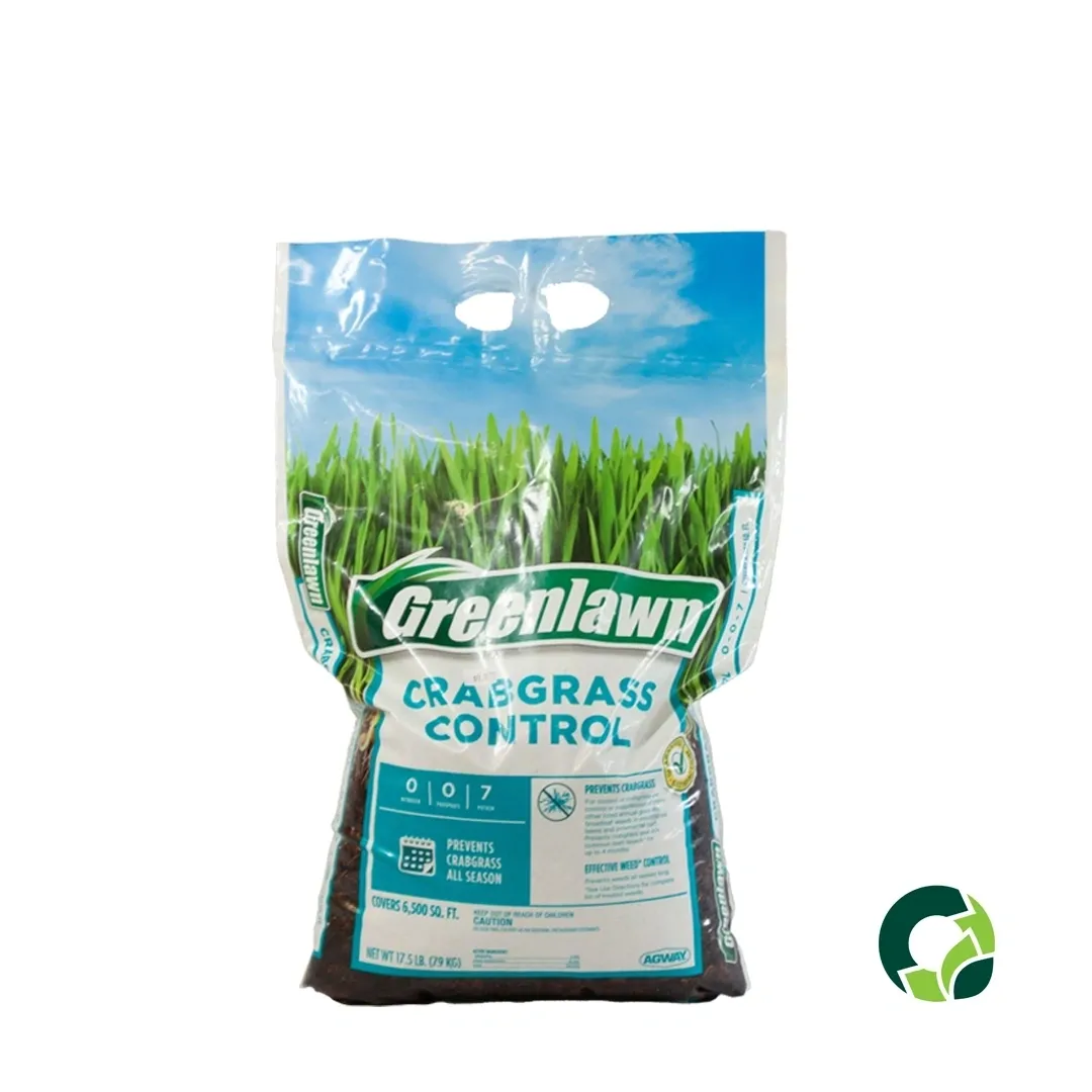A bag of Greenlawn crabgrass control fertilizer for lawns.