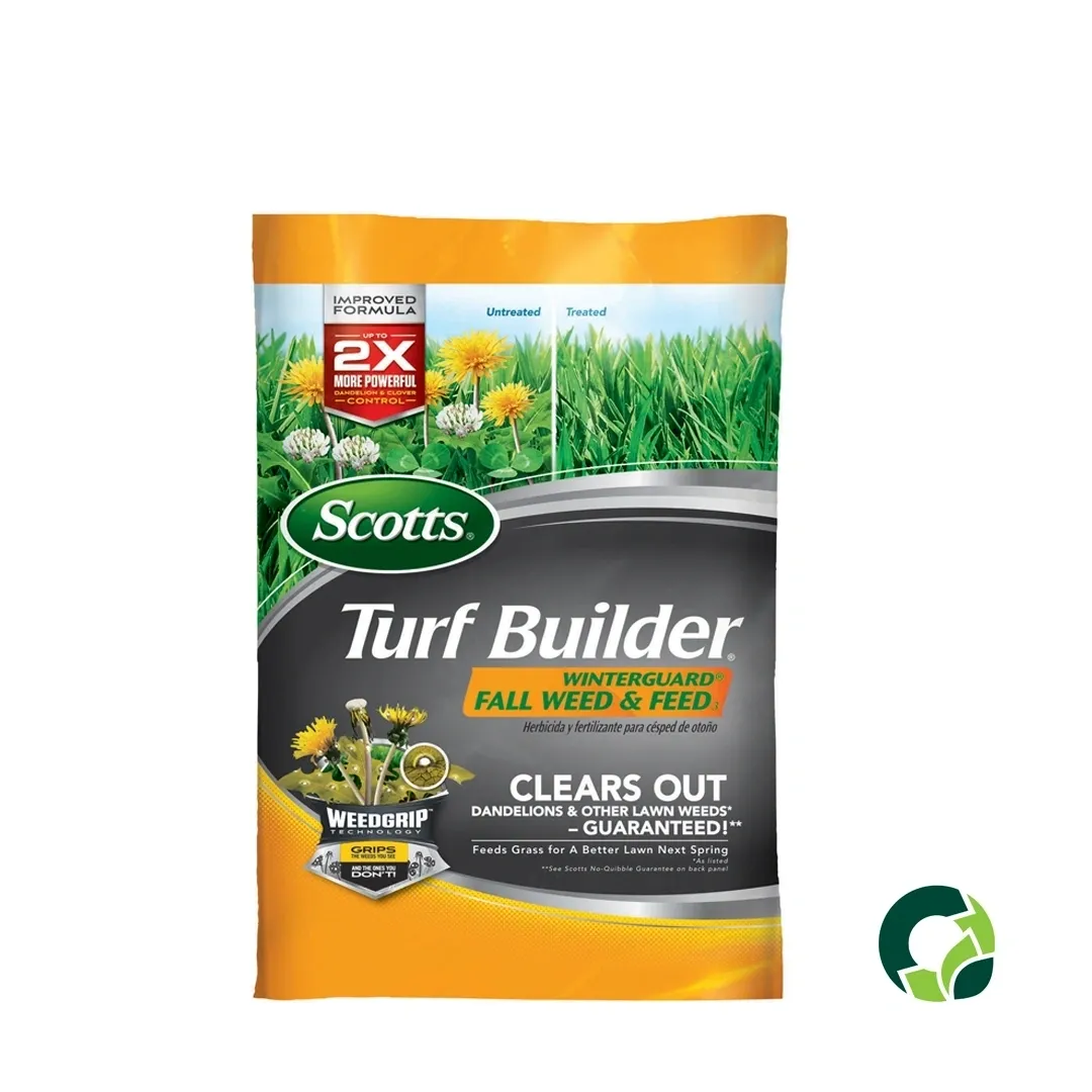 Bag of Scotts Turf Builder lawn fertilizer for thicker, greener grass.