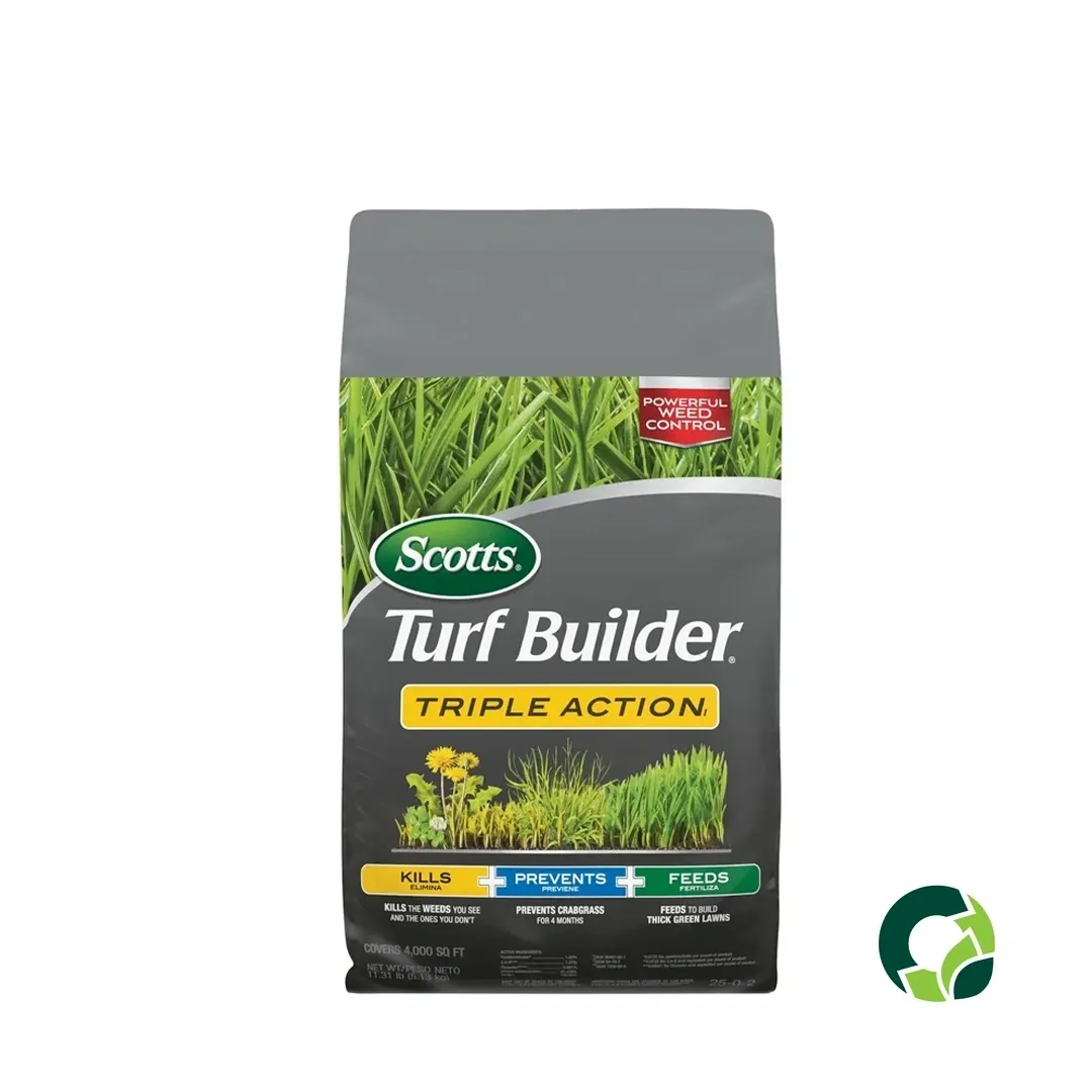 Scotts Turf Builder Triple Action lawn fertilizer bag with green grass background.