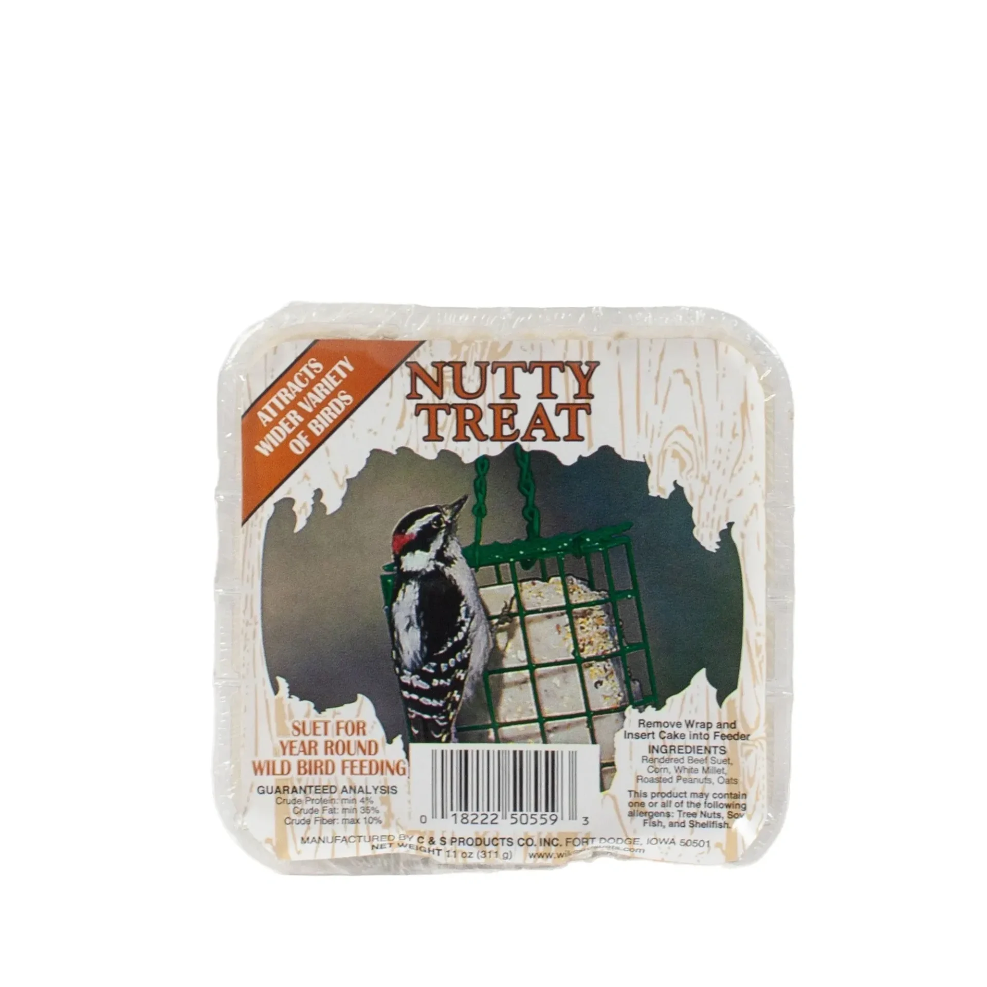 Nutty Treat suet bird feeder with a woodpecker perched.