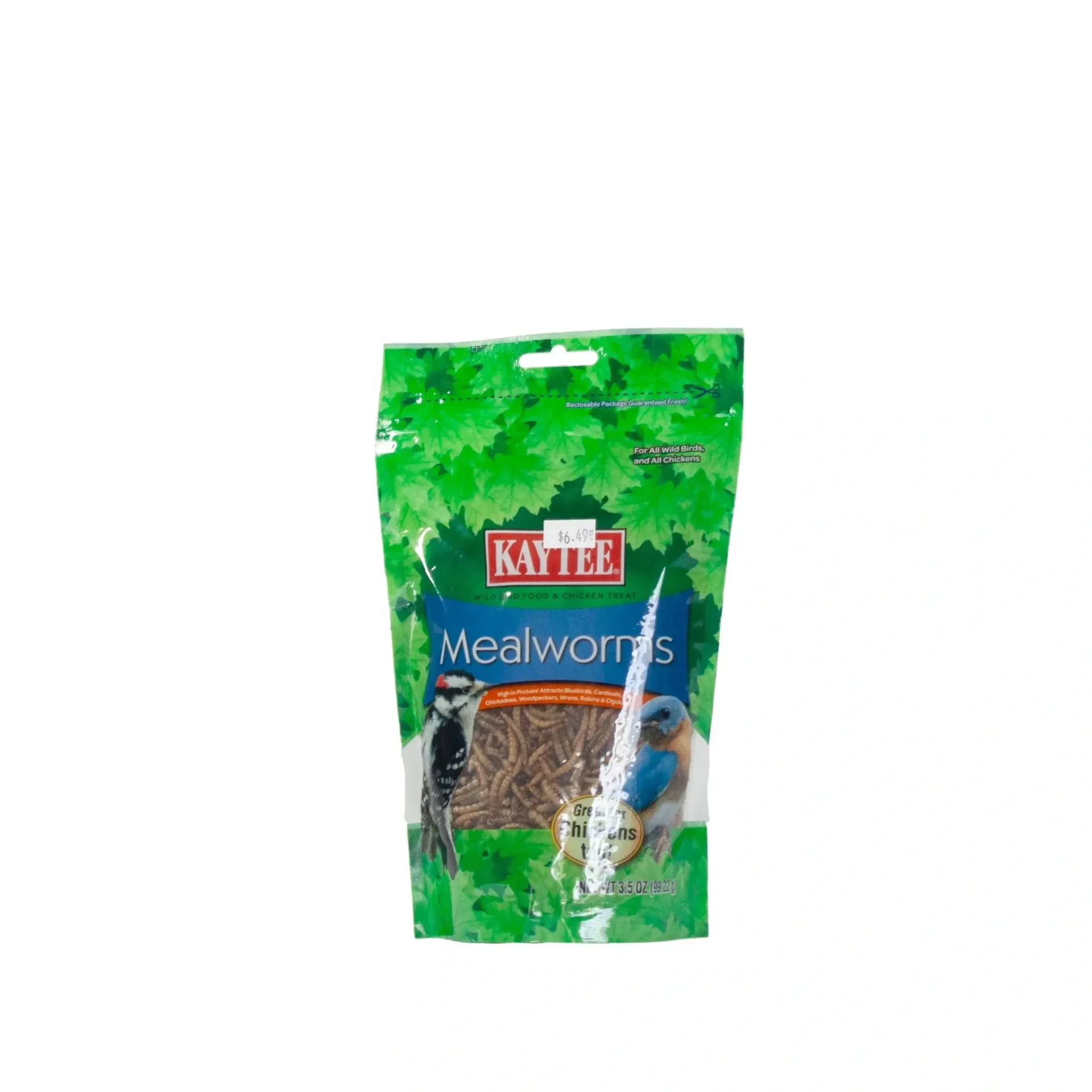 A green bag of Karma Meadow bird food with seeds visible inside.