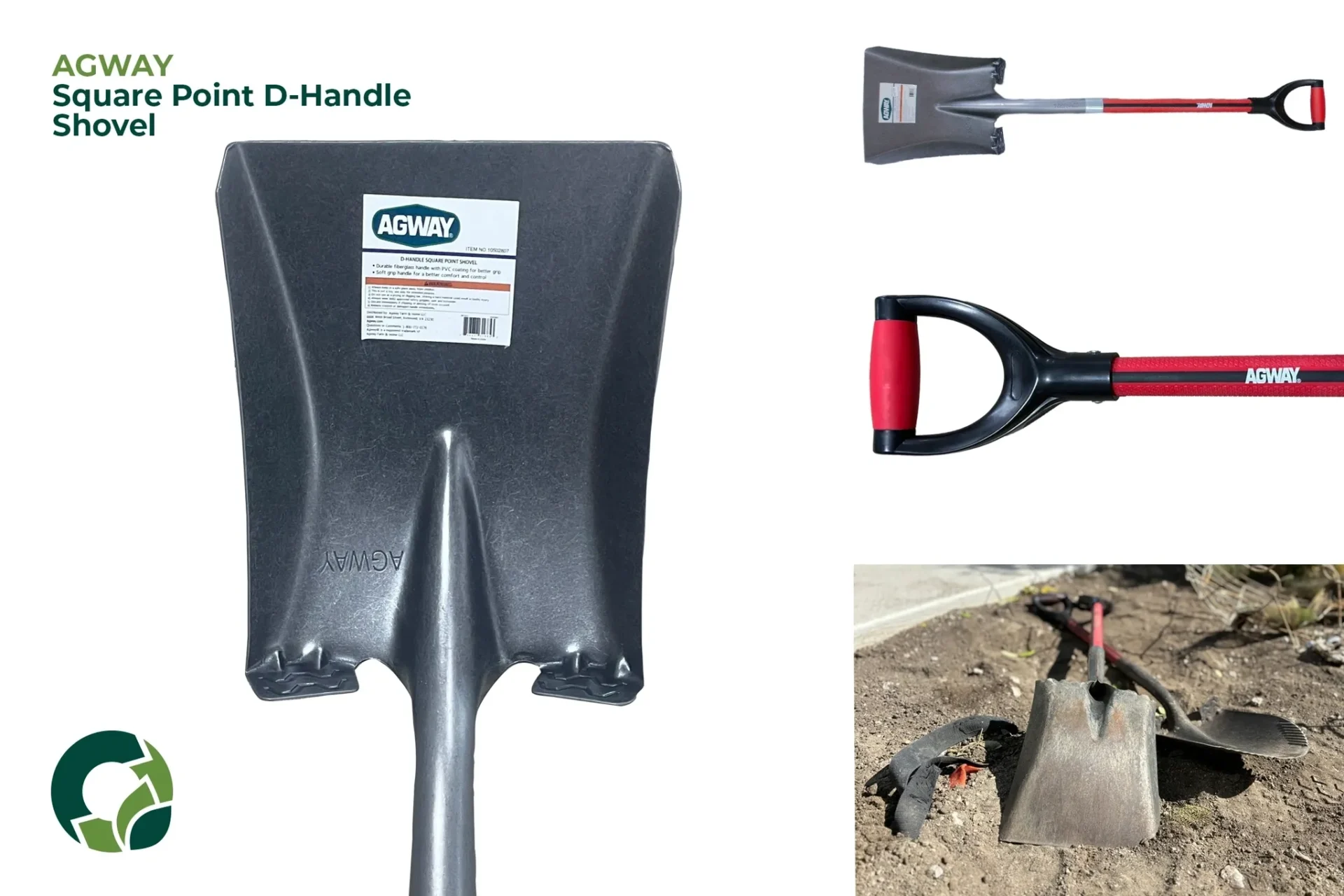 Heavy-duty square point shovel with a D-handle grip, ideal for digging and gardening.