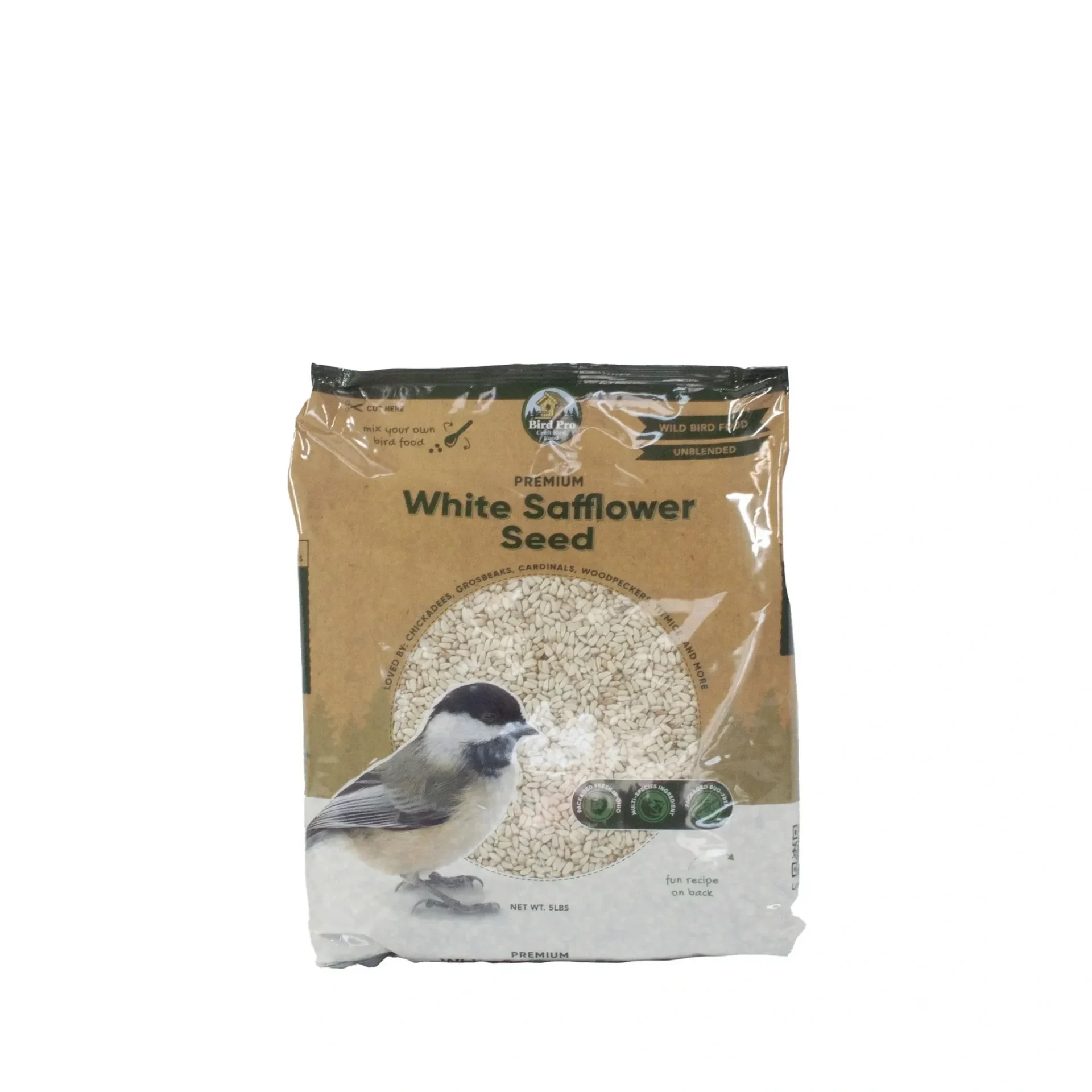 Package of white sunflower seed bird food with a bird image.