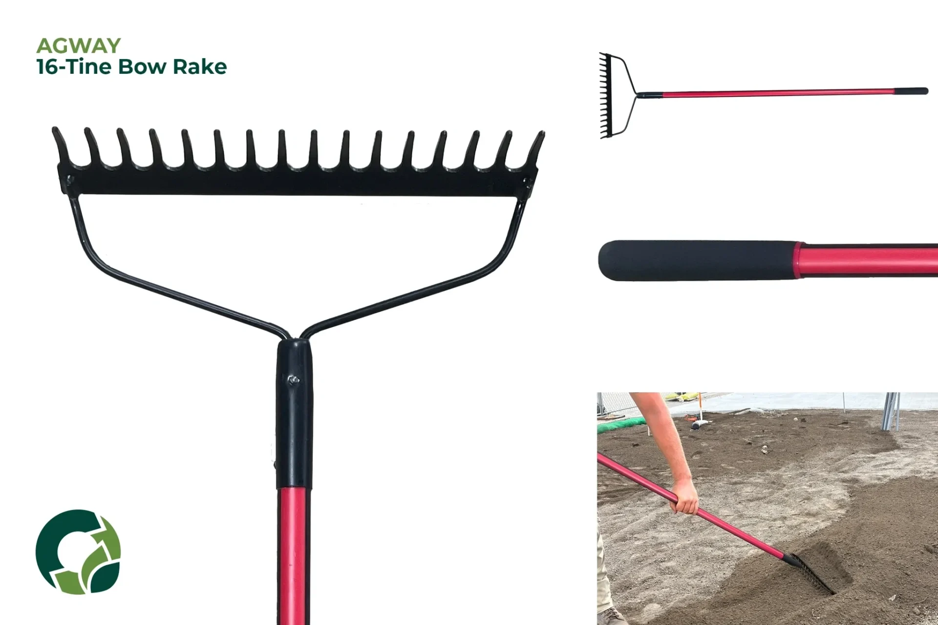 A red and black lawn rake with metal tines for garden work.