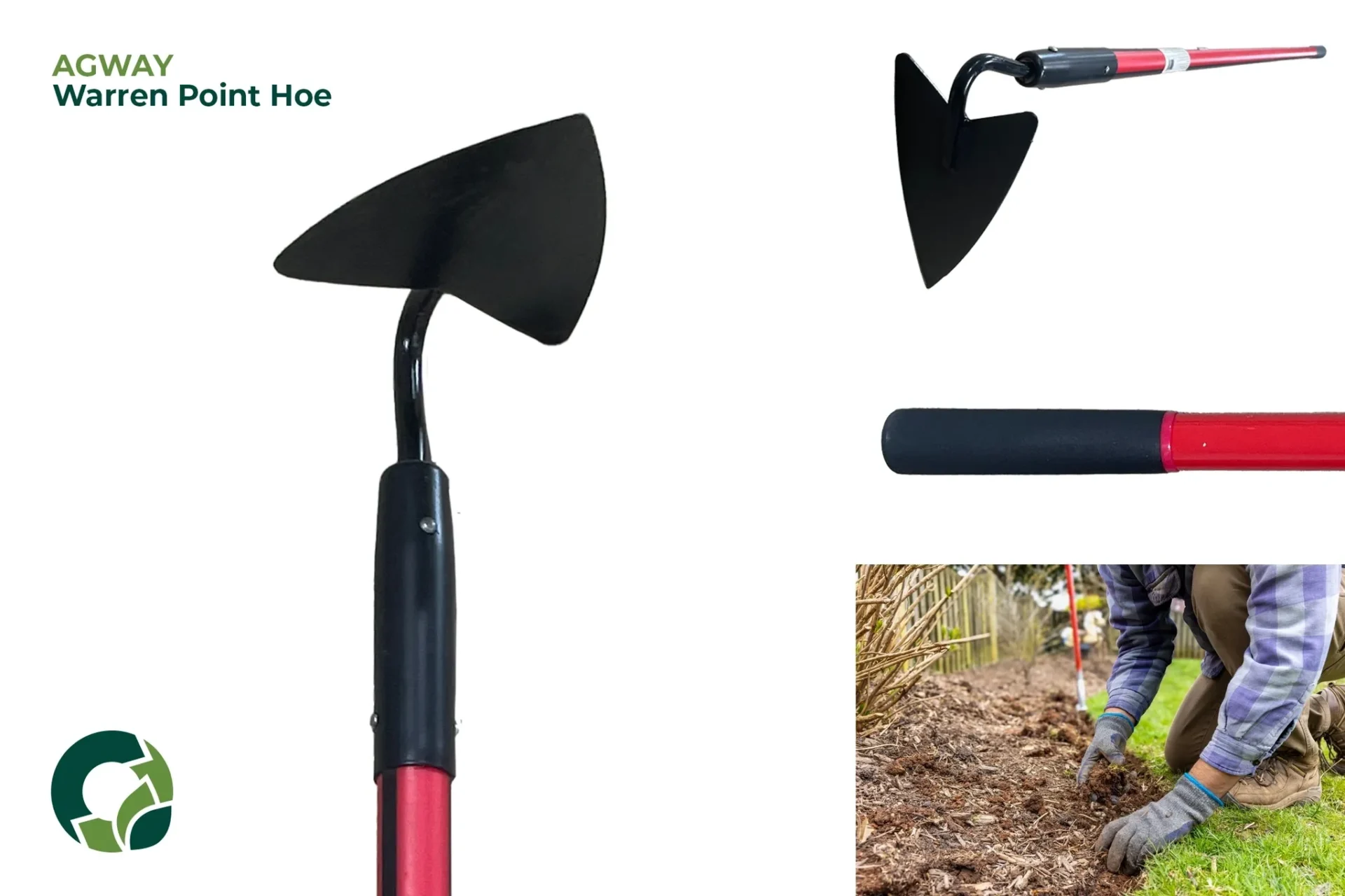 A sturdy garden hoe with a pointed blade and a red handle.