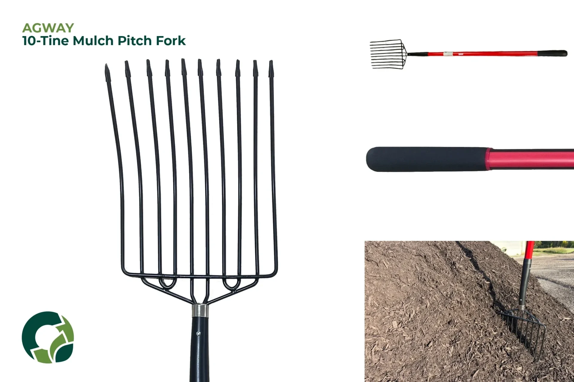 A manure fork with tools and compost pile for gardening.