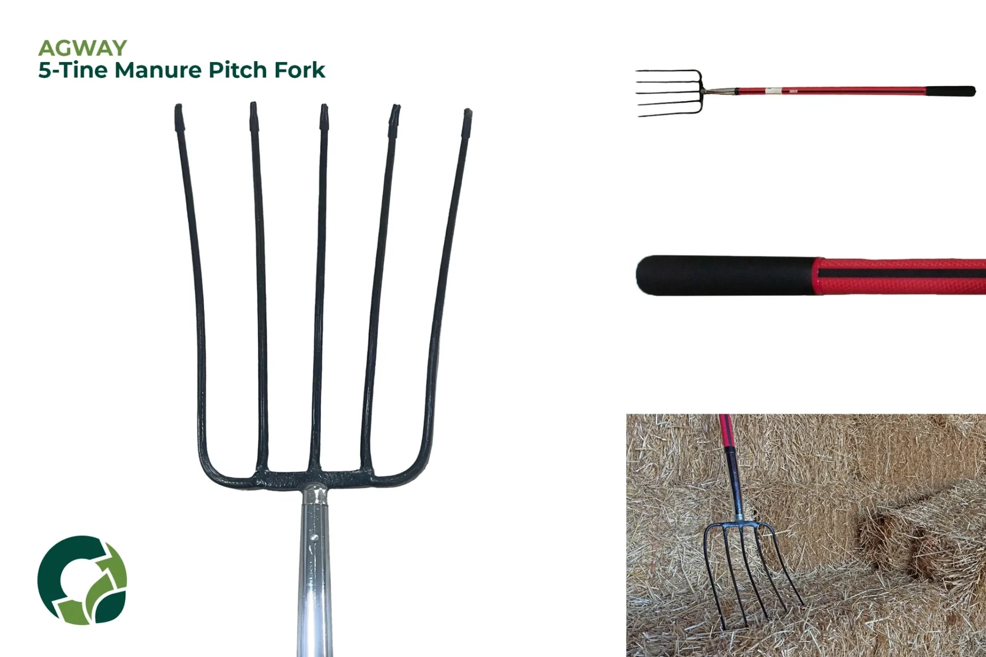 A red pitch fork with five tines and a black handle.