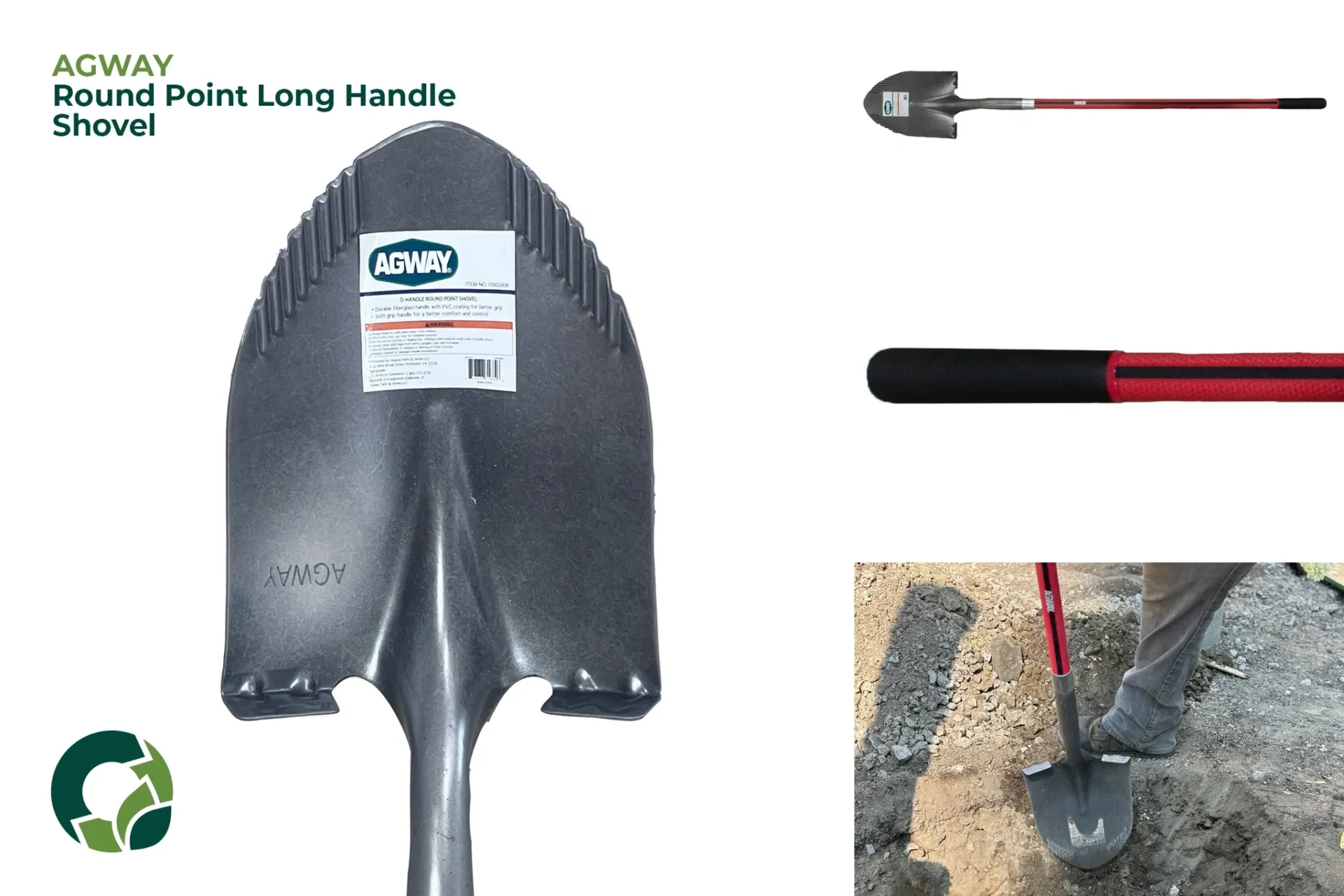 A durable long-handled shovel with a pointed blade for digging.