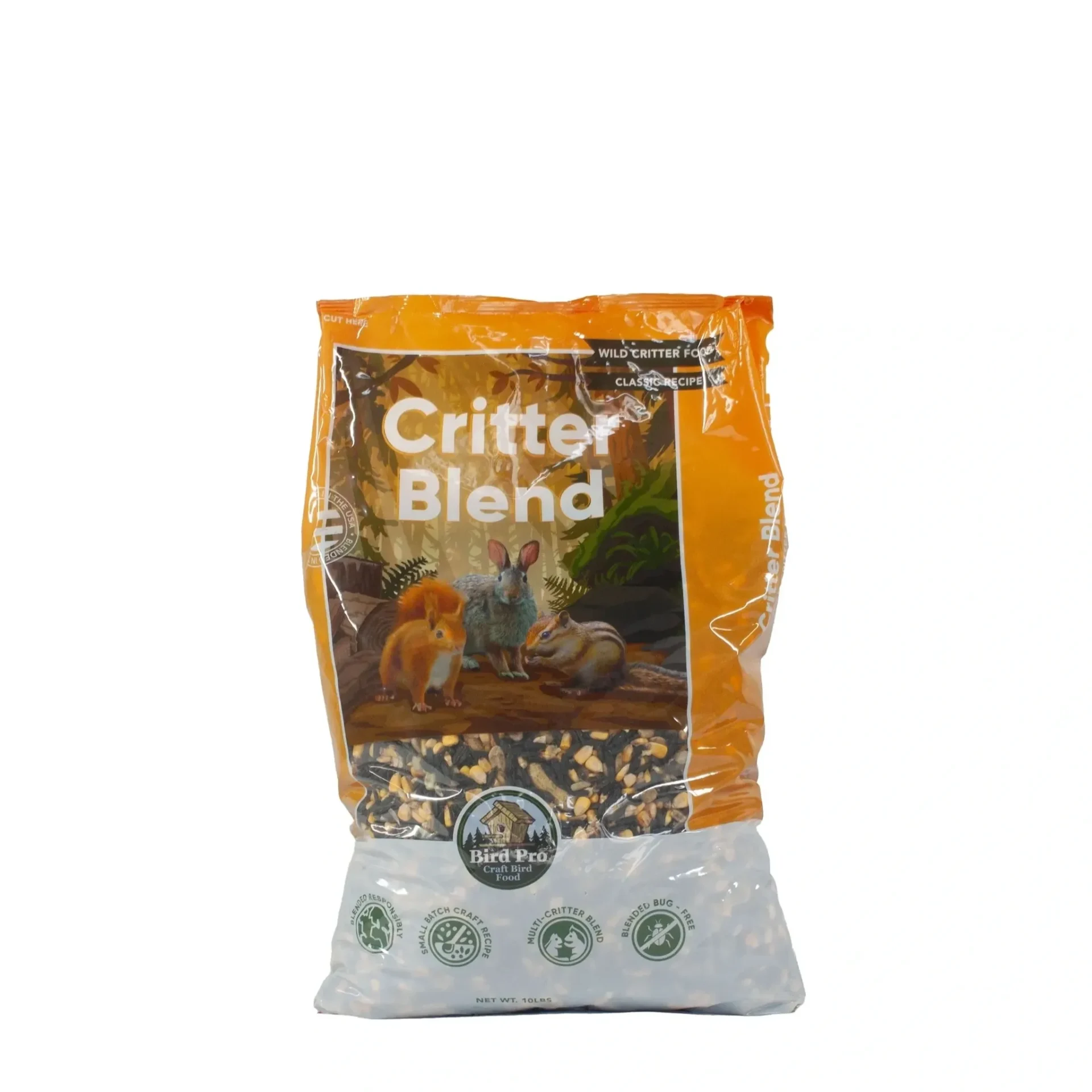 A bag of Critter Blend birdseed for attracting birds.