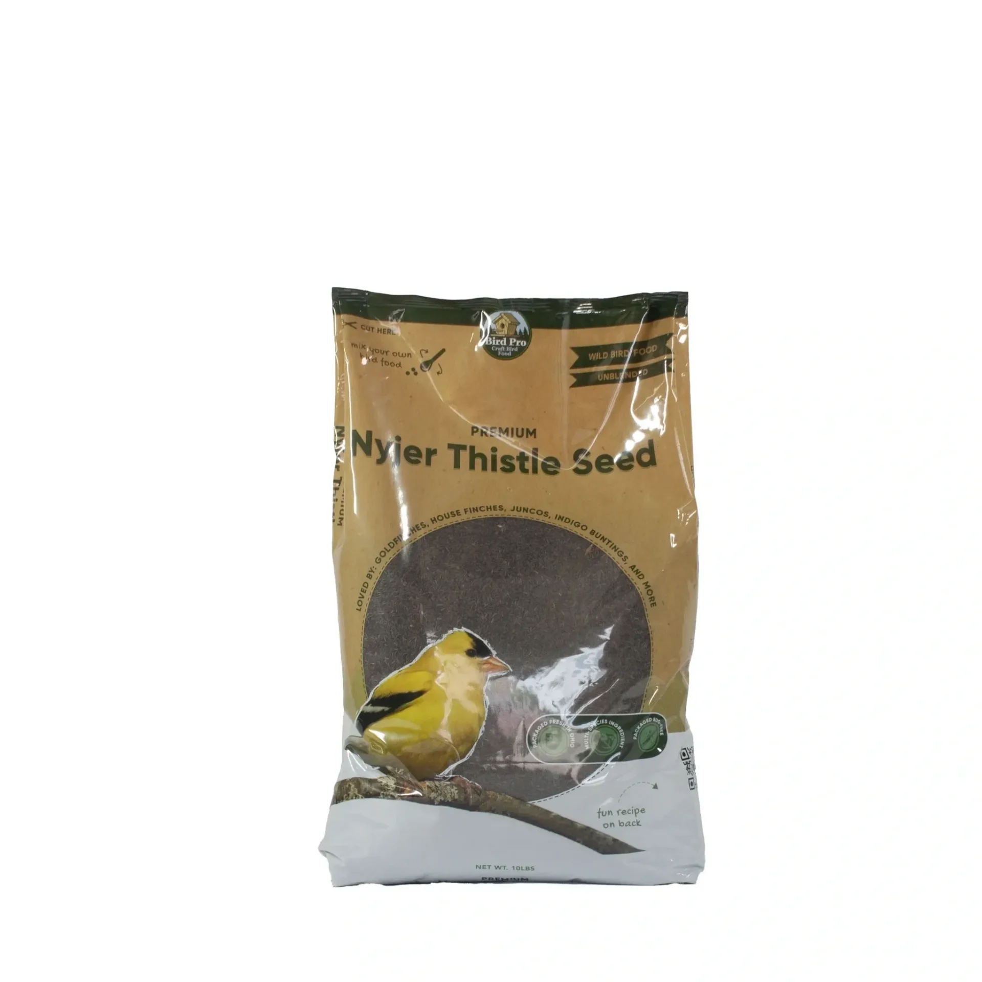 A bag of bird seed with an image of a yellow bird.