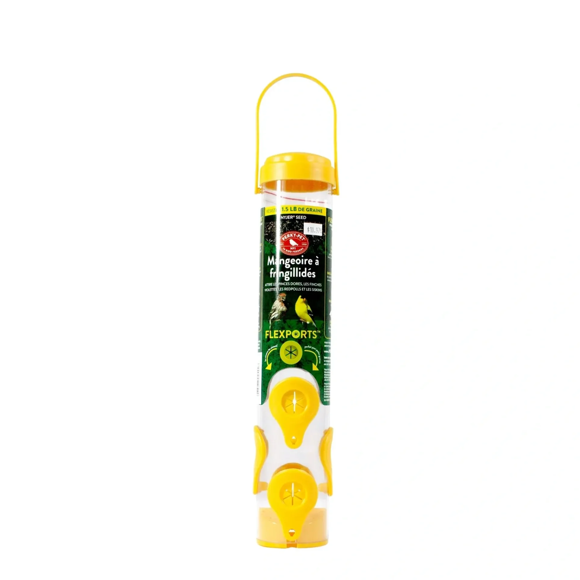 Yellow and white cricket stumps set in a transparent container.