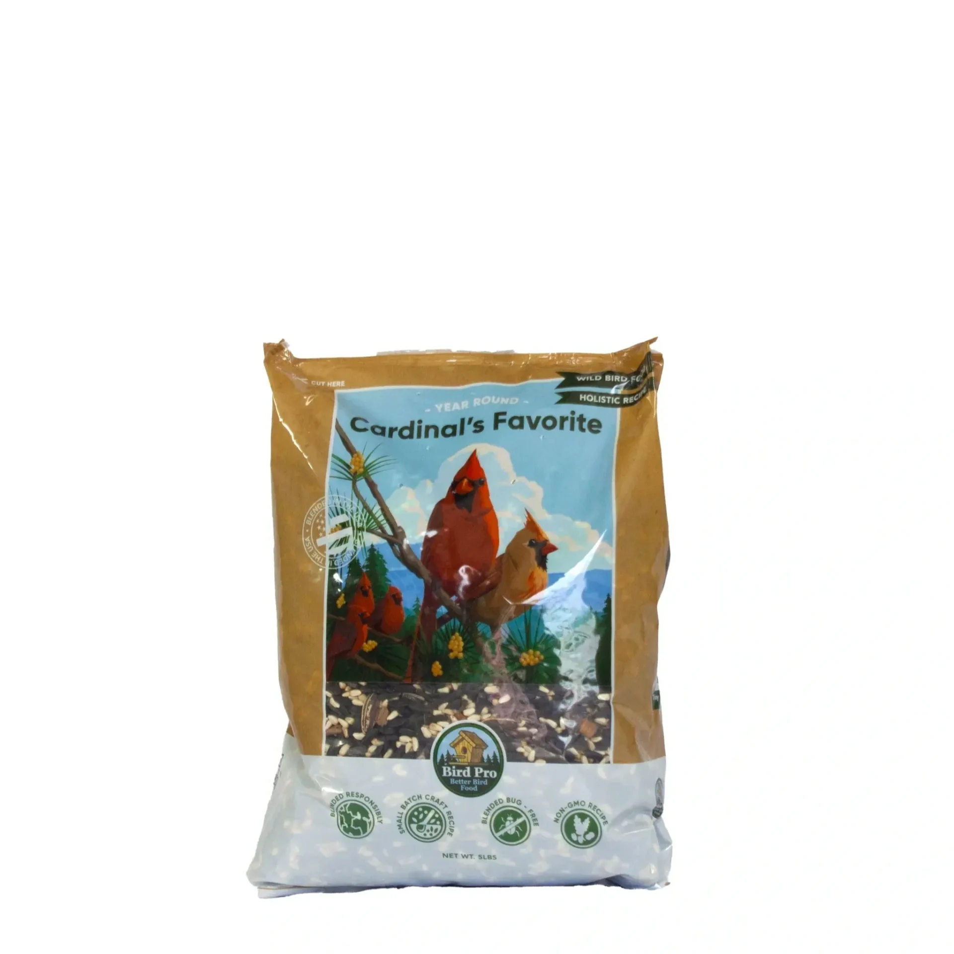 Bag of garden fertilizer with colorful label and icons.