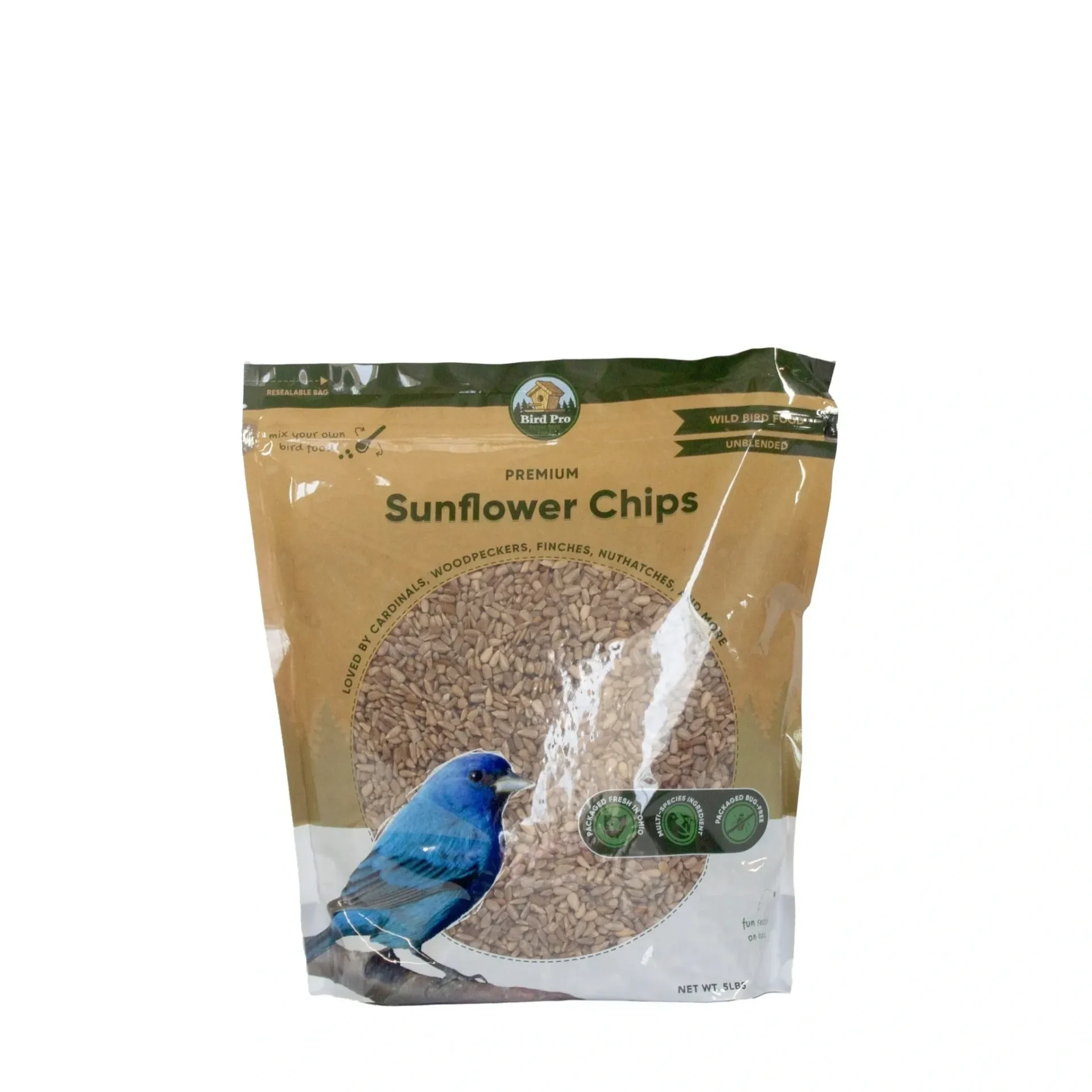 Pack of sunflower chips for birds with a blue bird image on the packaging.