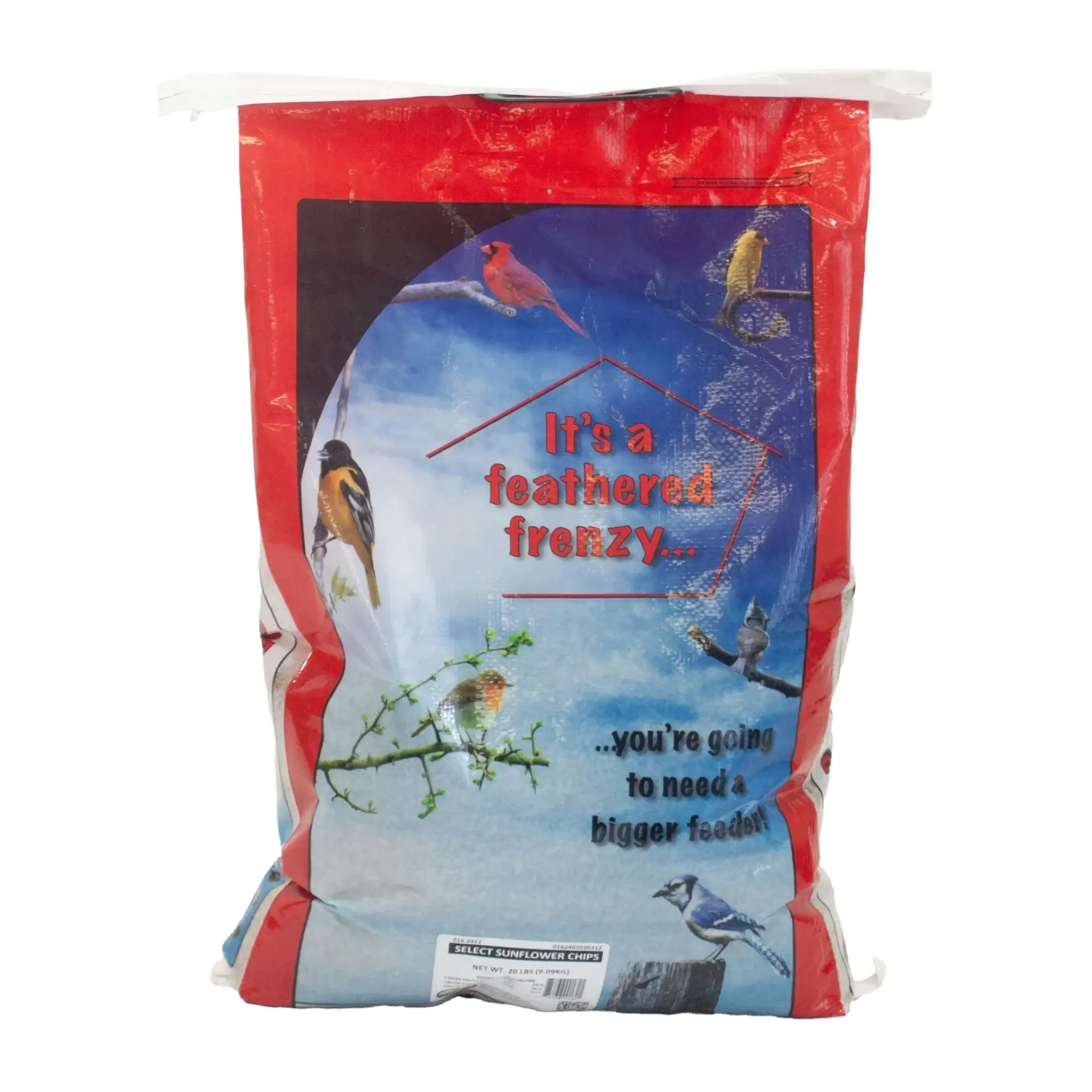 Packaged bird food with colorful design and bird images.