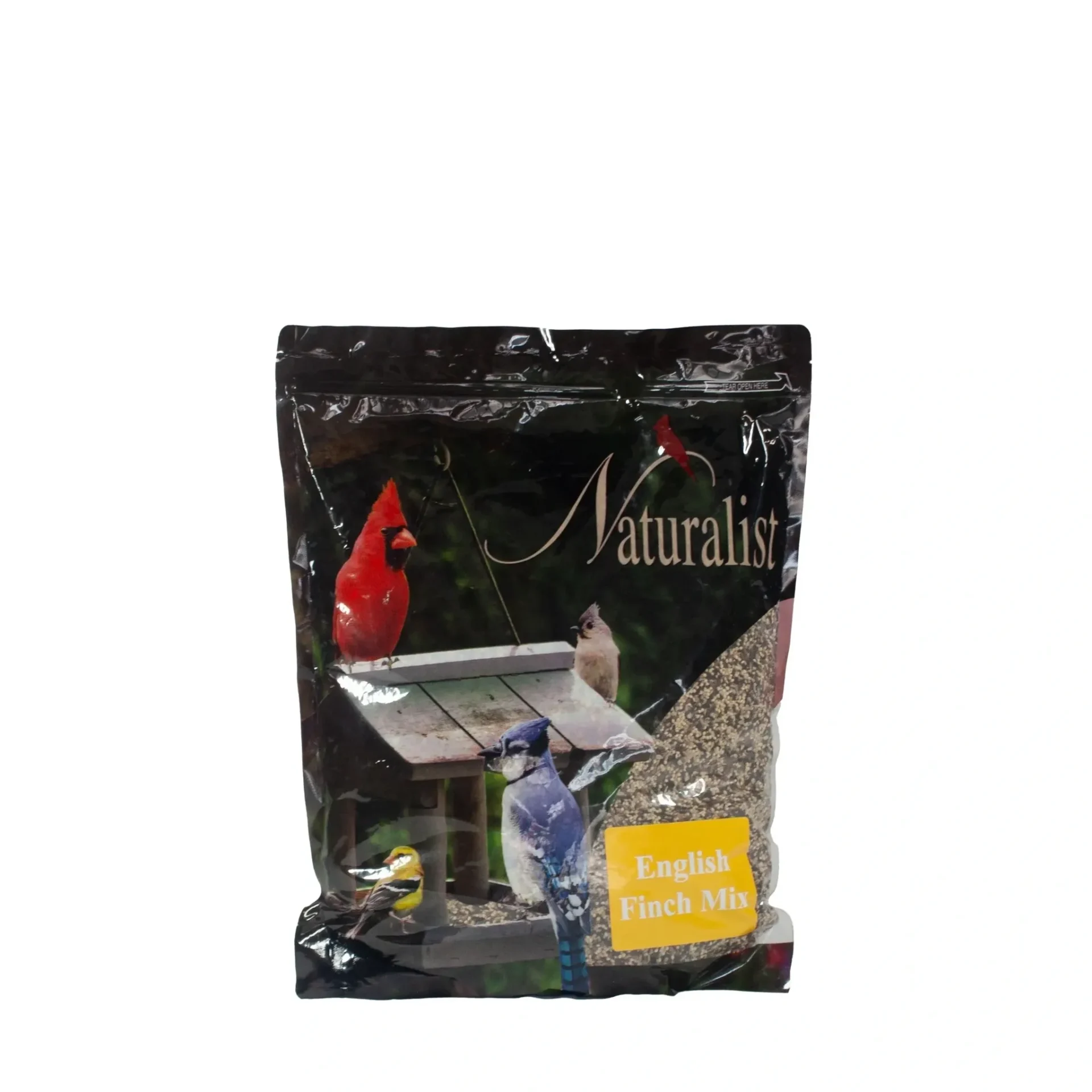 Bag of Naturalis bird seed with a red cardinal image.