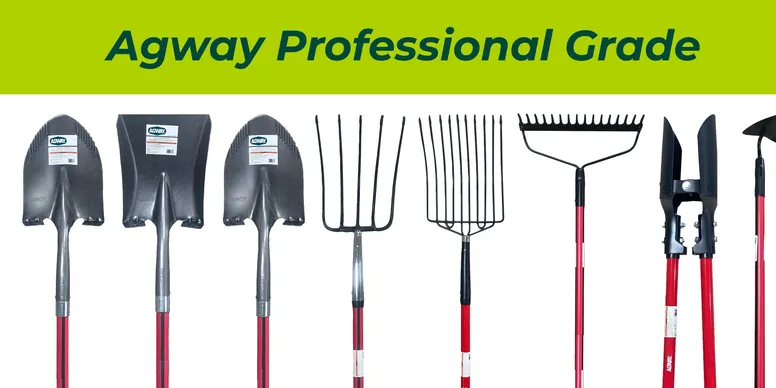 Set of five professional gardening tools with red and white handles.