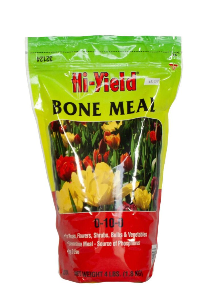 Hi-Yield Bone Meal fertilizer bag with garden plants image.