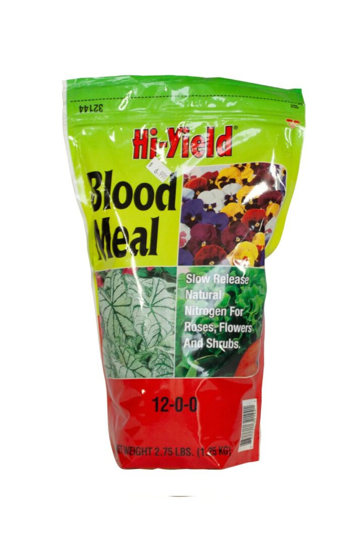 A green and red bag of Hi-Yield Blood Meal fertilizer.