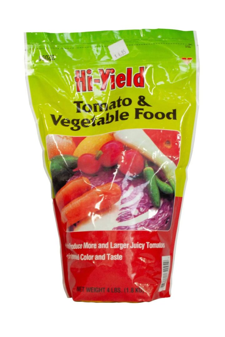 Hi-Yield Tomato & Vegetable Food package with fresh produce images.