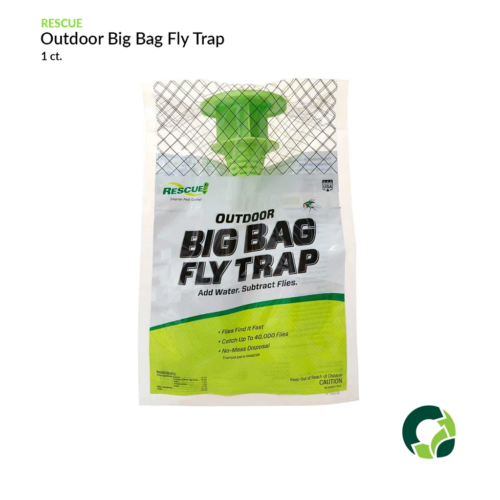A packaged Big Bag Fly Trap with a green twist-tie.