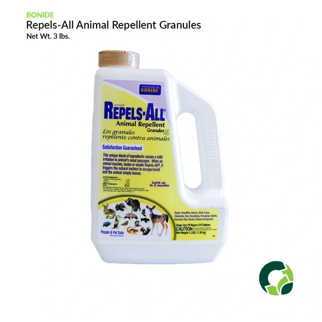 Bottle of Repels-All Animal Repellent Granules with applicator.