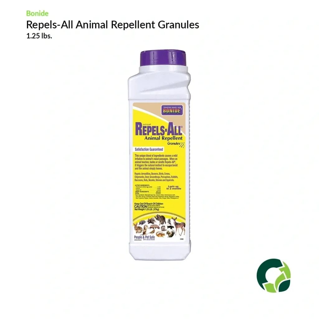 A bottle of Repels All Animal Repellent Granules.