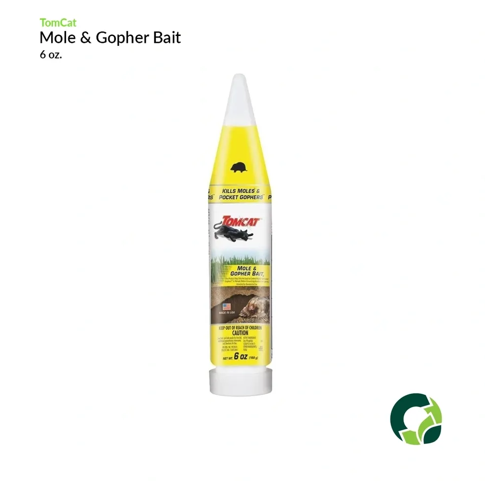 Tube of mole and gopher bait with yellow and white packaging.