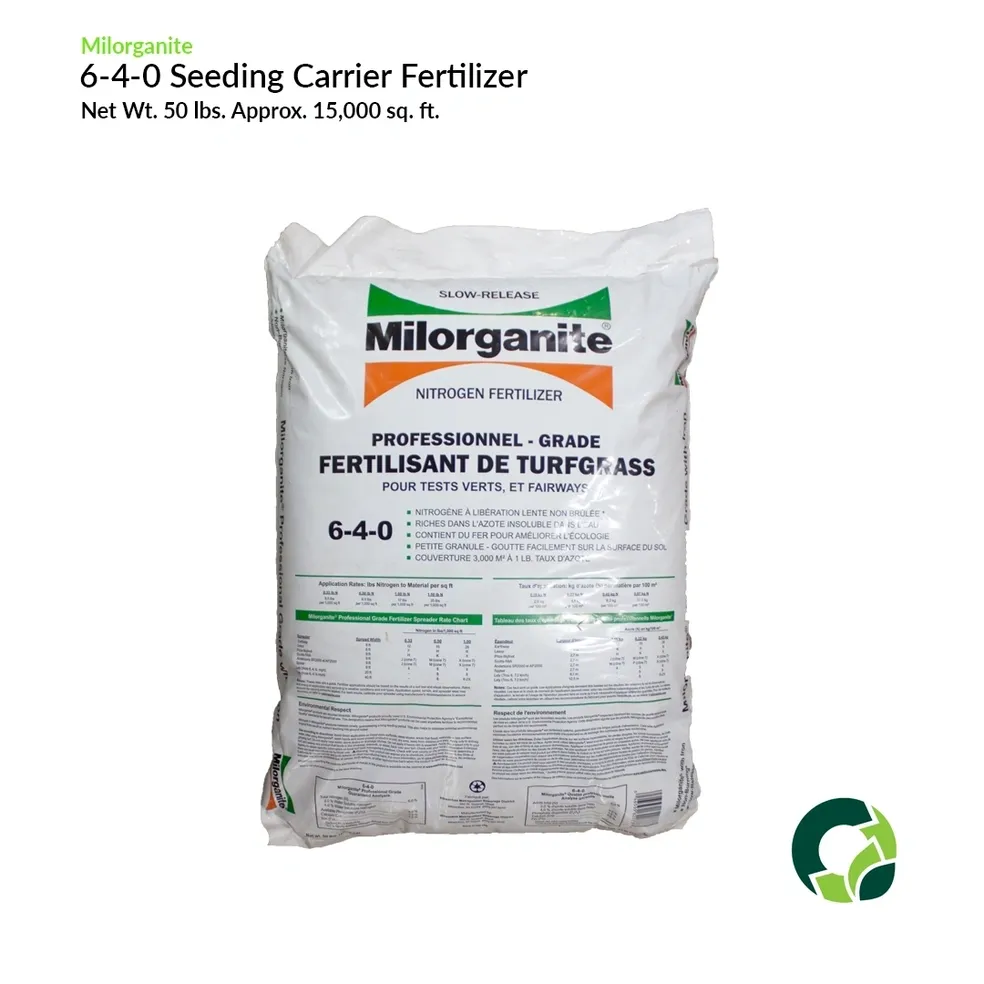 Bag of Milorganite 6-4-0 seedling carrier fertilizer for plants.